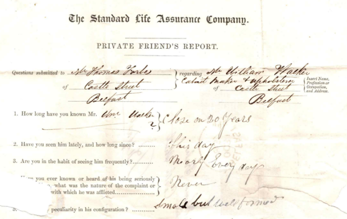 A section of a private friend’s report on behalf of someone applying for life insurance in the 1800s.
