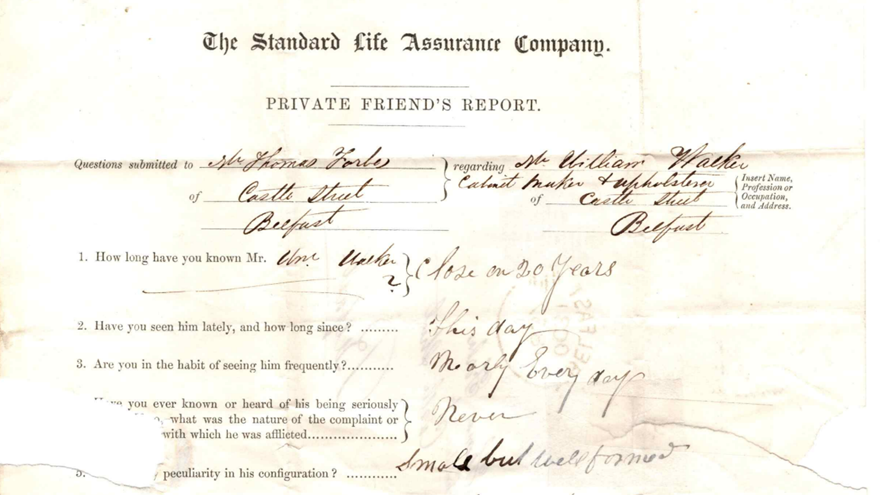 A section of a private friend’s report on behalf of someone applying for life insurance in the 1800s.