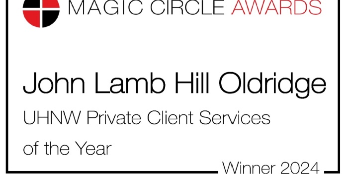 An official logo showing John Lamb Hill Oldridge as the 2024 winner of the Citywealth Magic Circle awards for UHNW Private Client Services of the Year.